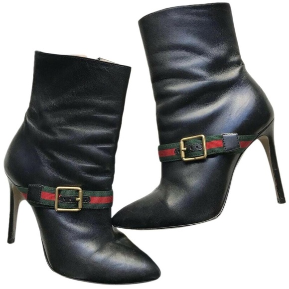 Gucci Shoes - GUCCI Black Leather Sylvie 105mm Stripe Boots Size